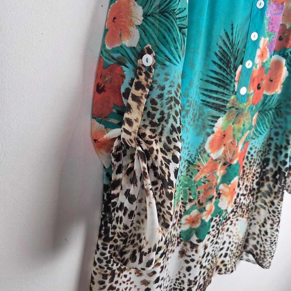 Soft Surroundings Geovana Teal Floral Animal Print Sheer Roll Tab Sleeve Tunic M - Picture 7 of 9
